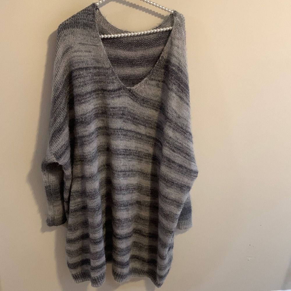 Shein Oversized Sweater Dress One Size Striped V-Neck Knit Tunic Long Sleeve